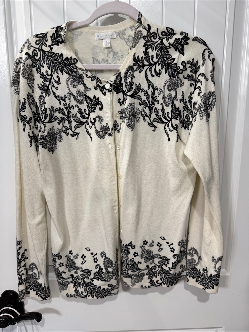 Charter Club Cream Cardigan with Black Scroll Floral Pattern